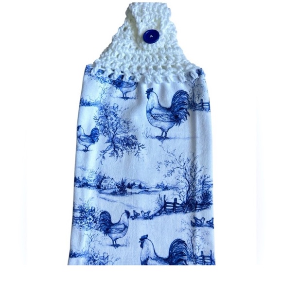 Hand Crafted Farmhouse Blue and White Hanging Rooster Kitchen Hand Towel - Picture 5 of 8